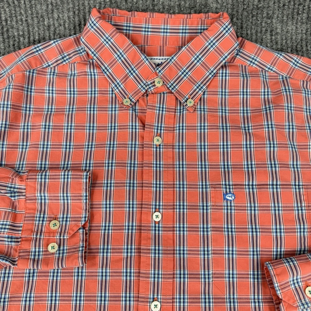 Southern Tide Men's Long Sleeve Button Up Shirt Medium Orange Check Classic Fit